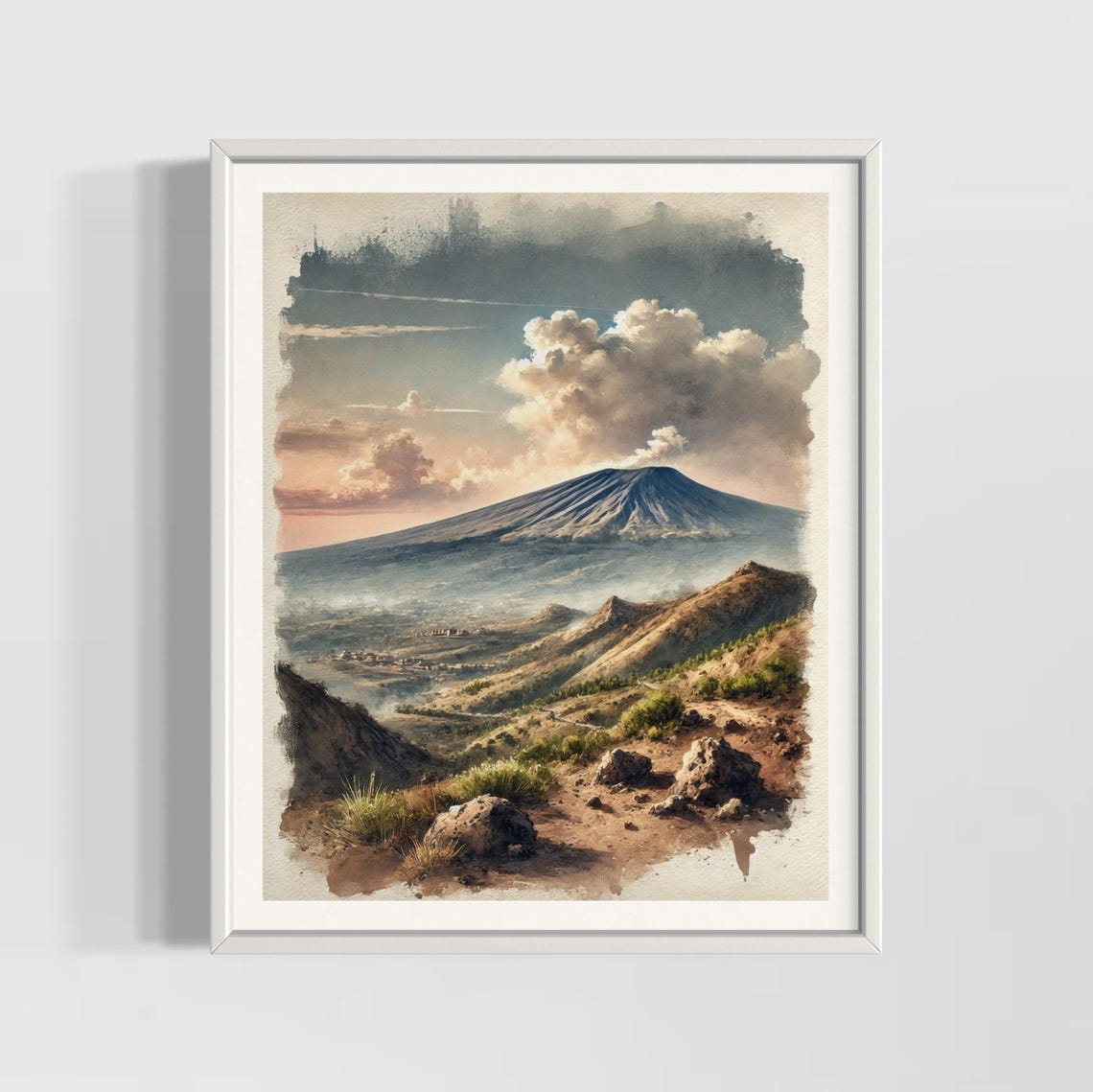 Mount Etna Sicily Italy Volcano Smoking Summit Watercolor Poster