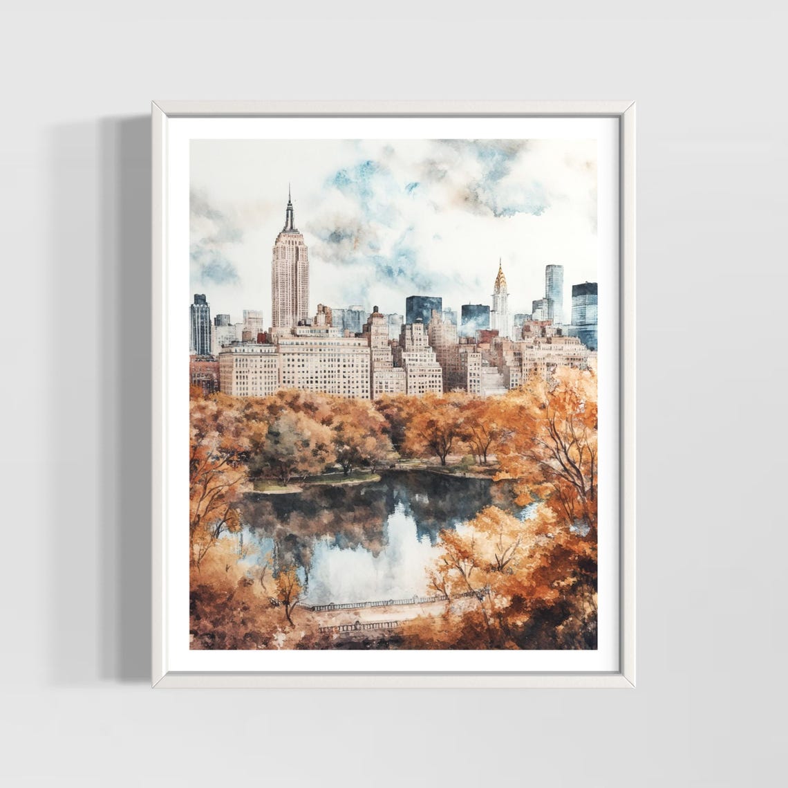 New York City Manhattan Skyline Autumn Central Park Watercolor Poster