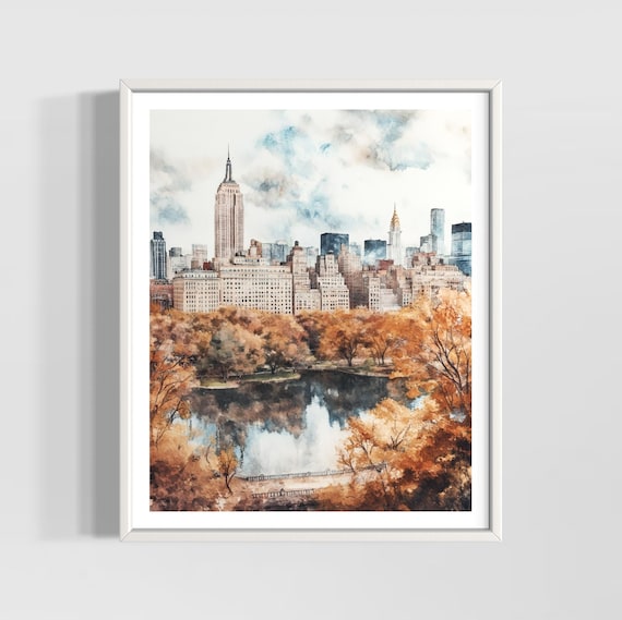 New York City Watercolor Print Manhattan Skyline Wall Art Central Park Autumn Decor Premium Textured Matte Poster