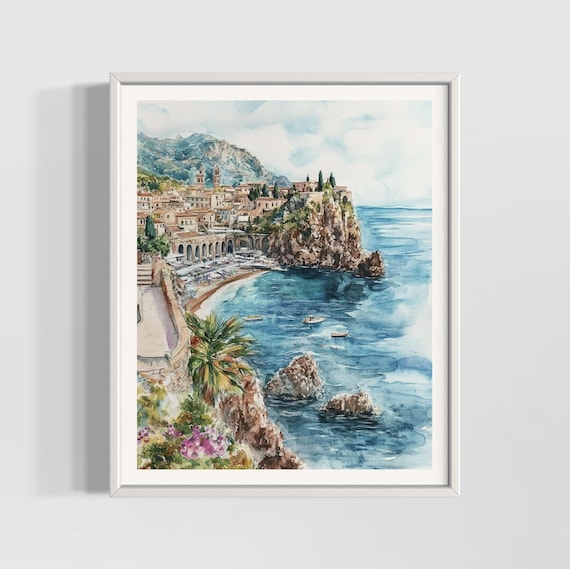 Taormina Italy Sicilian Coast Watercolor Seaside Travel Poster