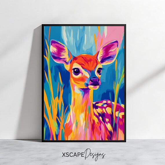 Neon Pop Art Fawn Deer Portrait Colorful Wildlife Modern Animal Wall Art