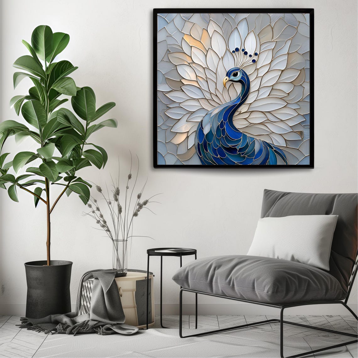 Blue Peacock Stained Glass Style White Tail Feathers Bird Art Print - Image 3