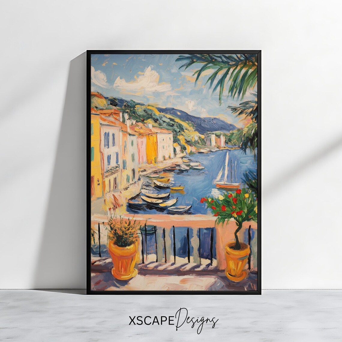 Mediterranean Harbor Terrace Boats Colorful Italian Coastal Art Poster