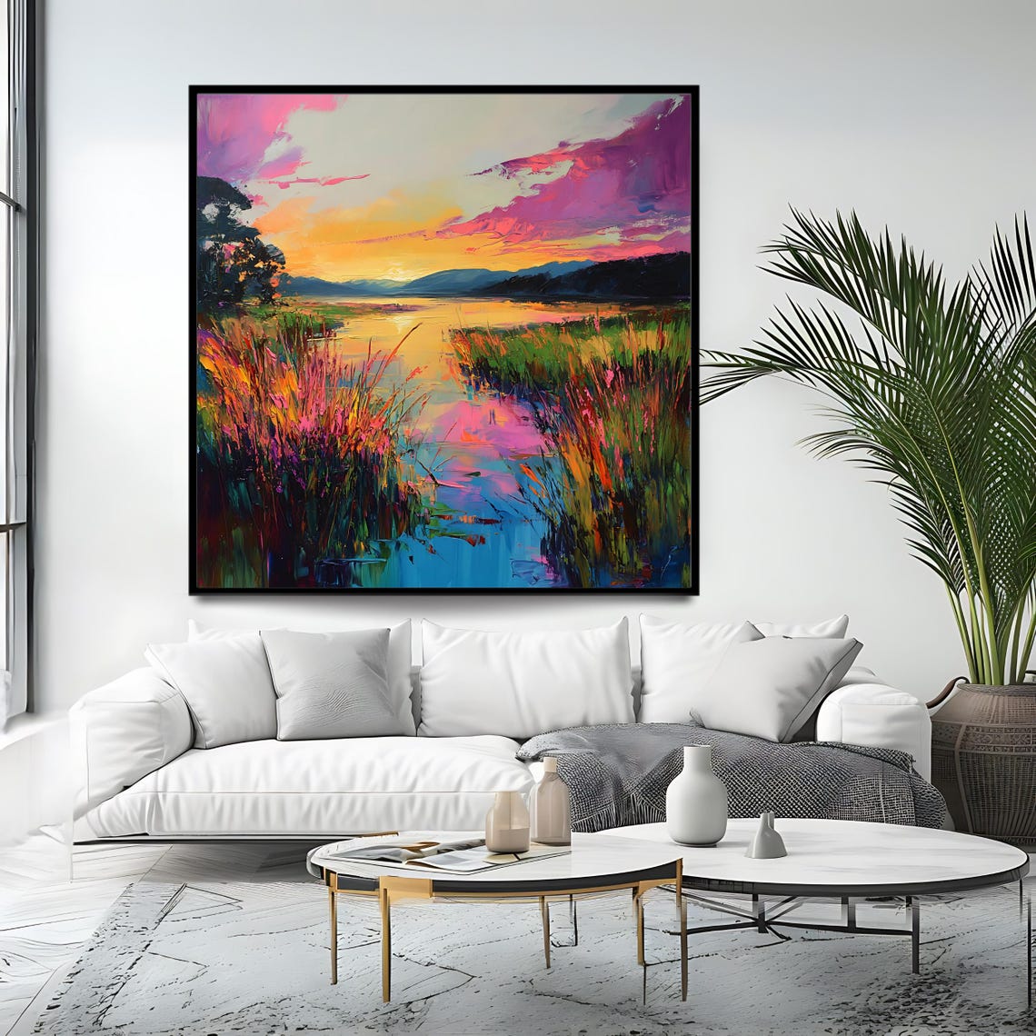 Vibrant Sunset Landscape Wall Art Print Colorful Marsh Artwork Square Nature Inspired Decor Bold Scenic Painting - Image 4