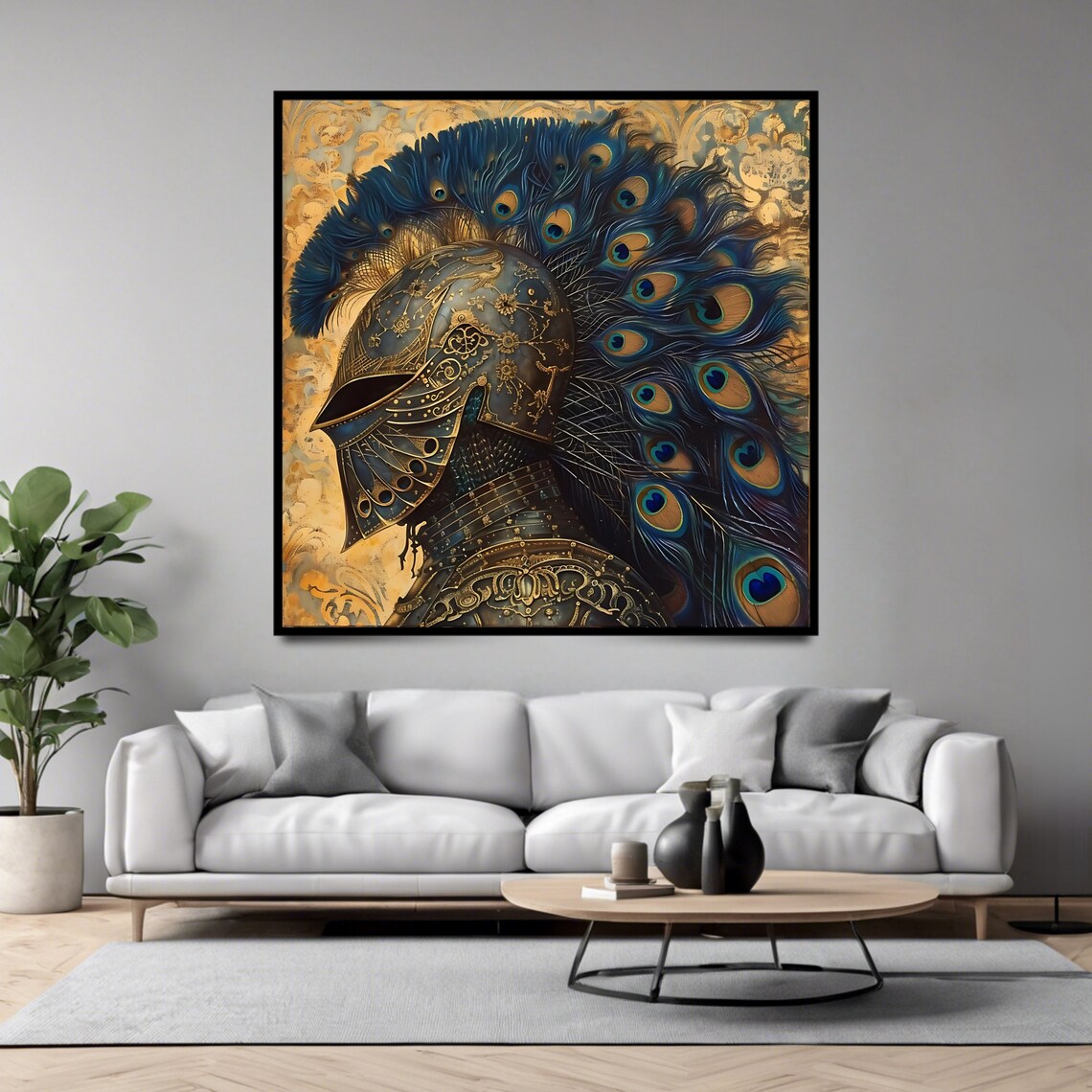 Medieval Knight Helmet Peacock Feather Plume Gold Fantasy Art Print - Image 4