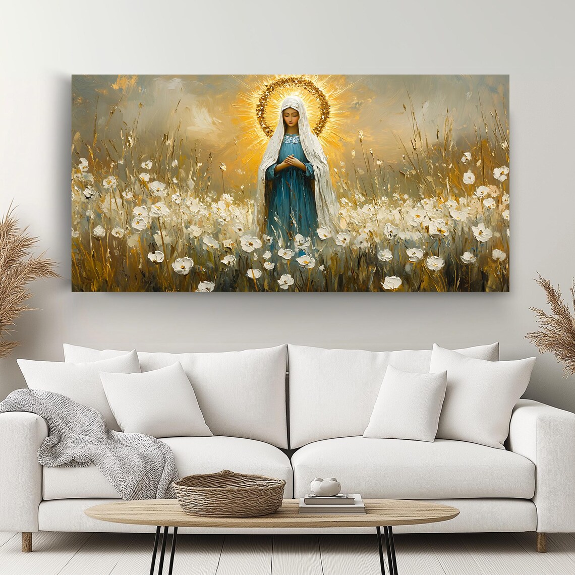 Virgin Mary White Flower Field Golden Halo Panoramic Catholic Religious Wall Art - Image 2