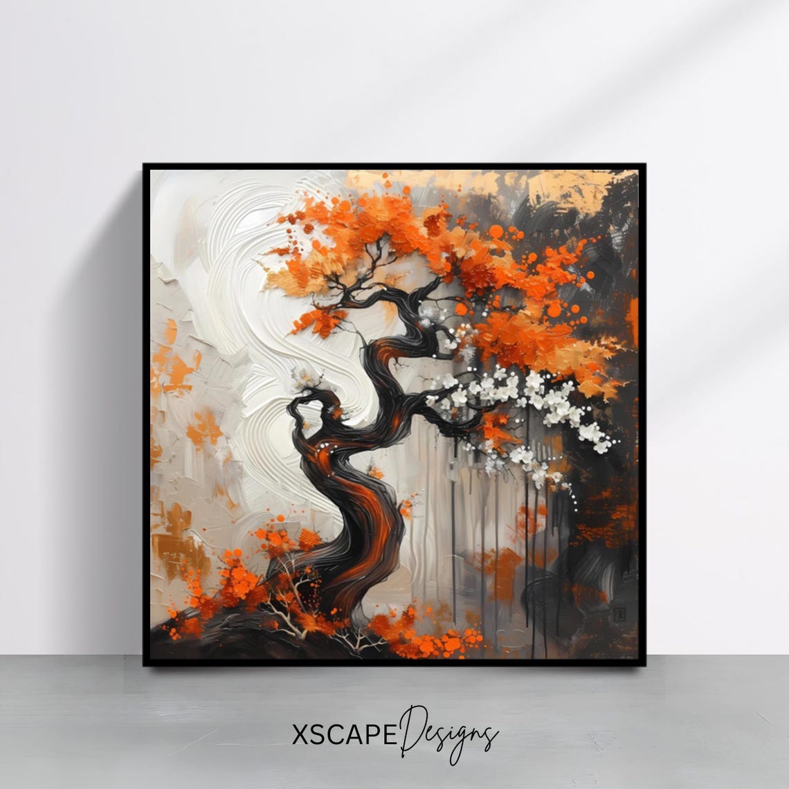 Twisted Bonsai Tree Orange Blossoms Abstract Nature Art Print Poster