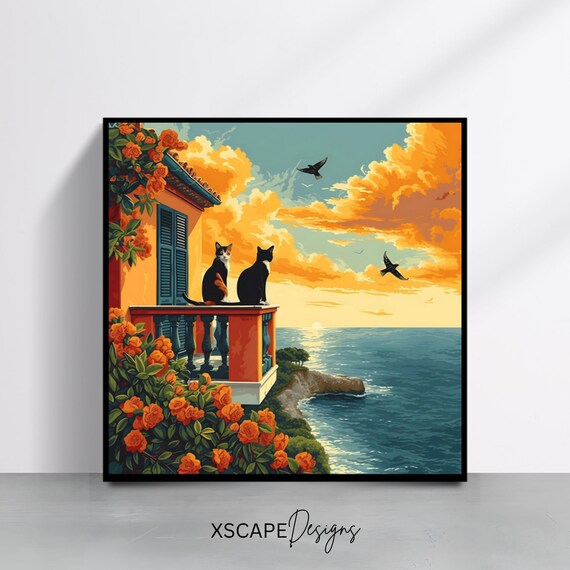 Two Cats On Balcony Overlooking Ocean Sunset Orange Roses Coastal Poster