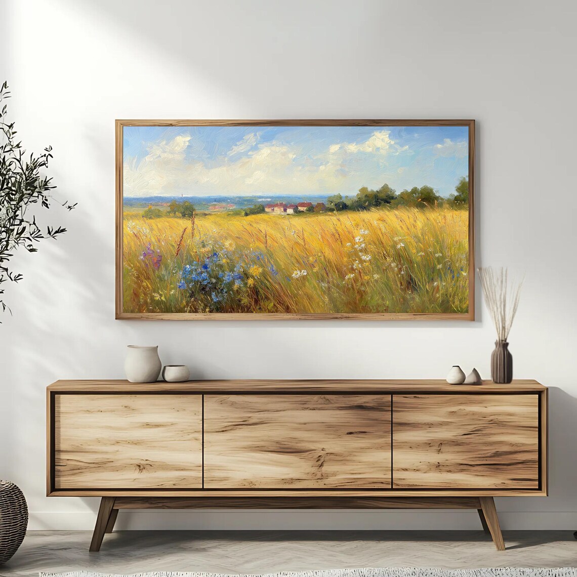 Golden Summer Meadow Wildflowers Village Landscape Oil Painting Poster - Image 3