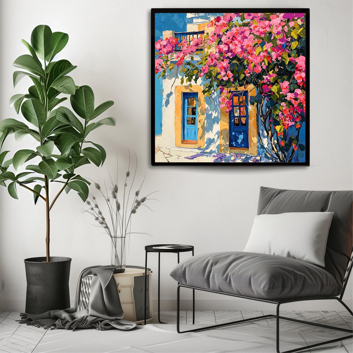 Santorini White House Bougainvillea Blue Doors Greek Island Art Poster - Image 3