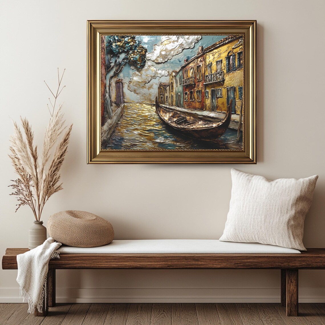 Venice Gondola Canal Textured Golden Impasto Italian Cityscape Poster - Image 2