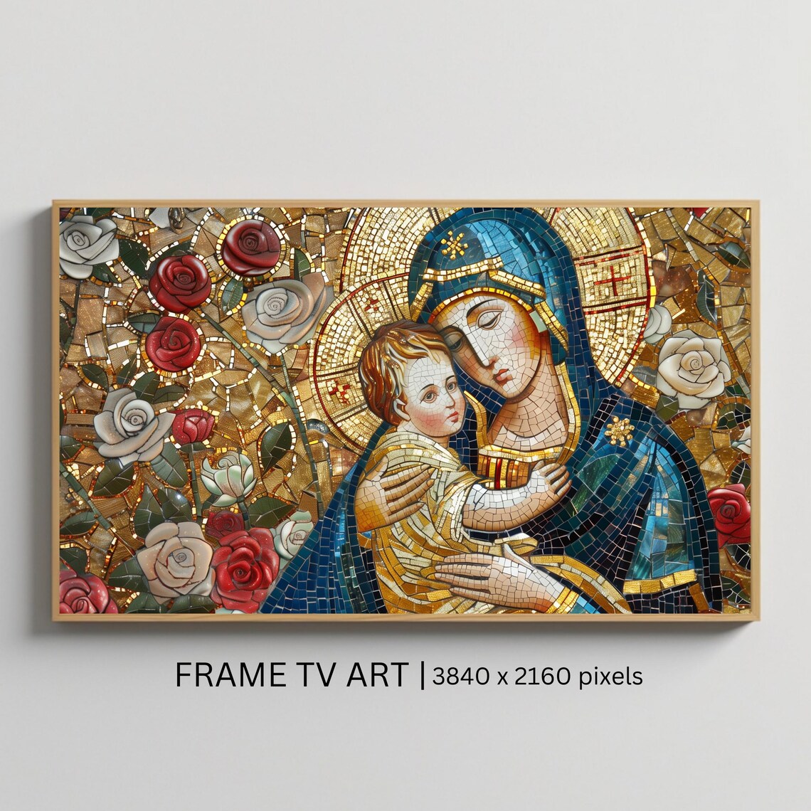 Virgin Mary With Child Jesus Mosaic Gold Roses Catholic Religious Art Print