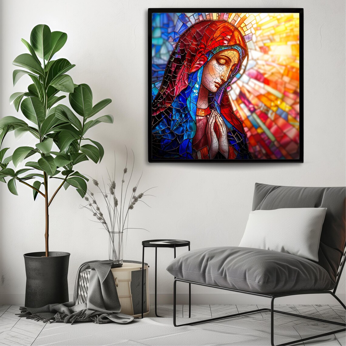 Praying Virgin Mary Stained Glass Cathedral Art Religious Wall Art Print - Image 3