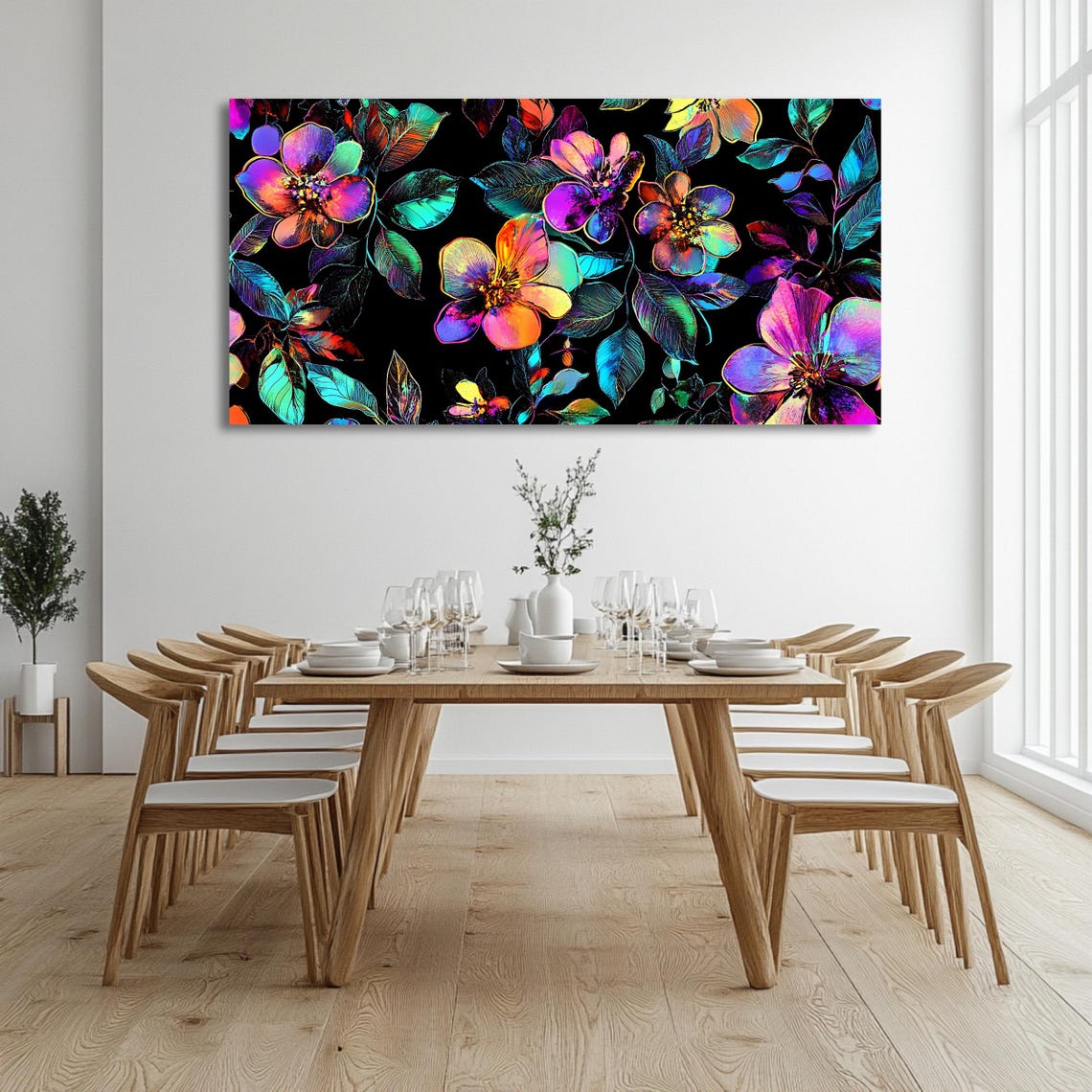 Neon Floral Blossoms Black Background Modern Botanical Wall Art Poster - Image 3