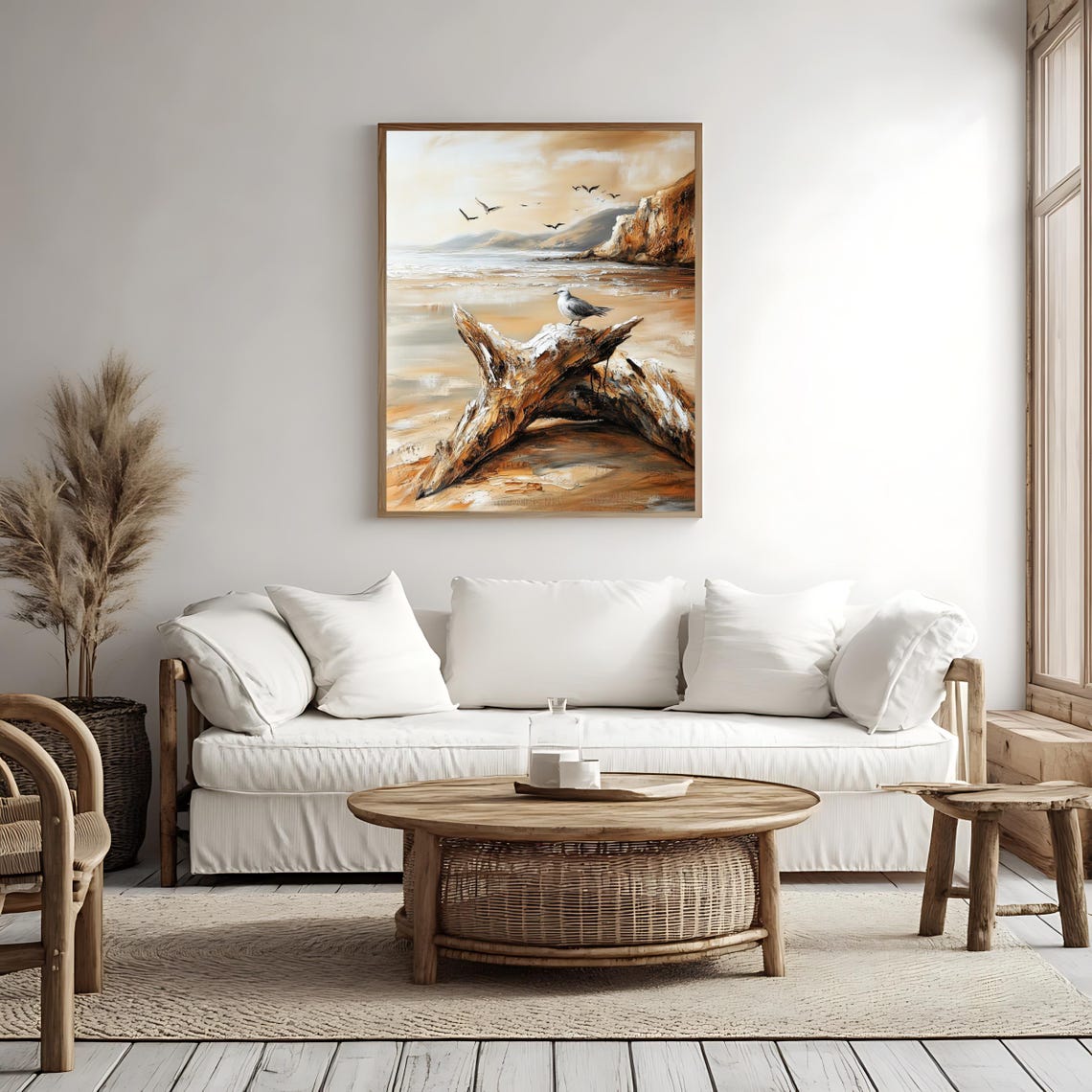 Vintage Beach Scene Seagull On Driftwood Cliffs Golden Shore Print - Image 4
