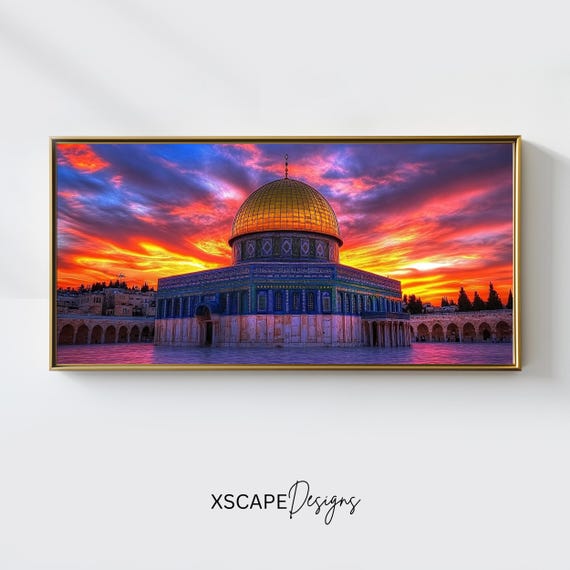 Masjid Al Aqsa Wall Art Long Horizontal Narrow Print Oversized Panoramic Sunset Artwork For Above Couch Or Bed