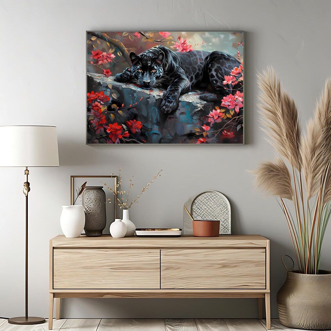 Black Panther Jungle Flowers Resting Rock Feline Wildlife Wall Art Print - Image 3