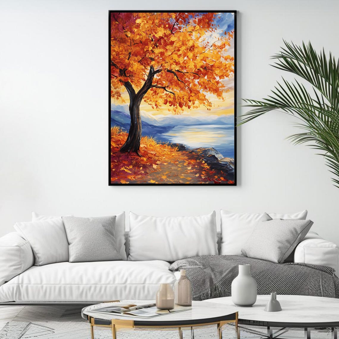 Autumn Tree with Orange Leaves on a Lakeshore at Sunset Art Poster - Image 4