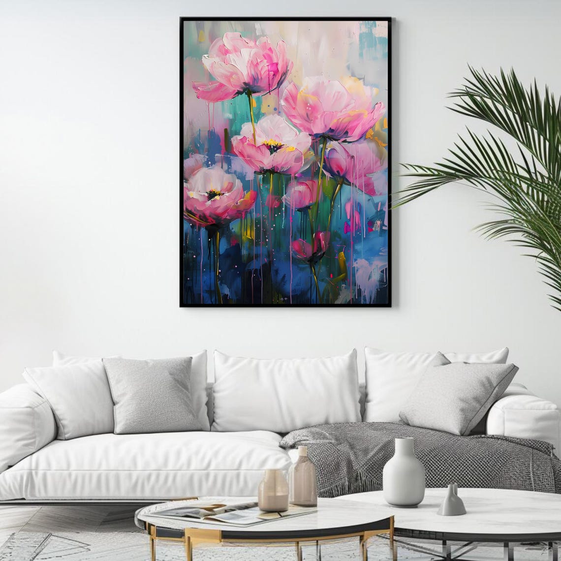 Pink Abstract Floral Dripping Paint Vibrant Modern Botanical Wall Art - Image 4