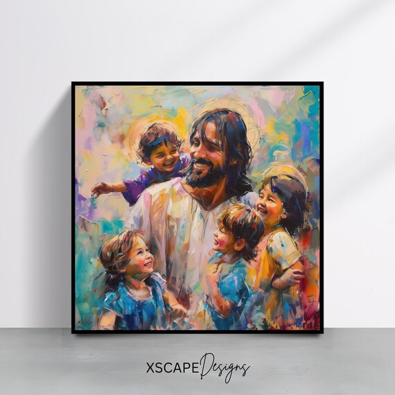 Jesus With Children Joyful Embrace Colorful Religious Painting Inspirational Poster