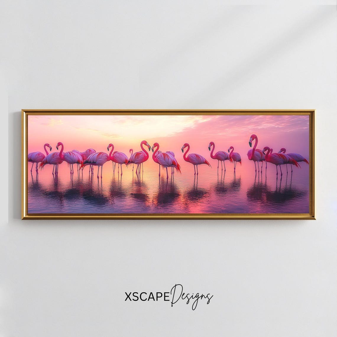 Pink Flamingos Sunset Lake Panoramic Tropical Birds Wall Art Poster