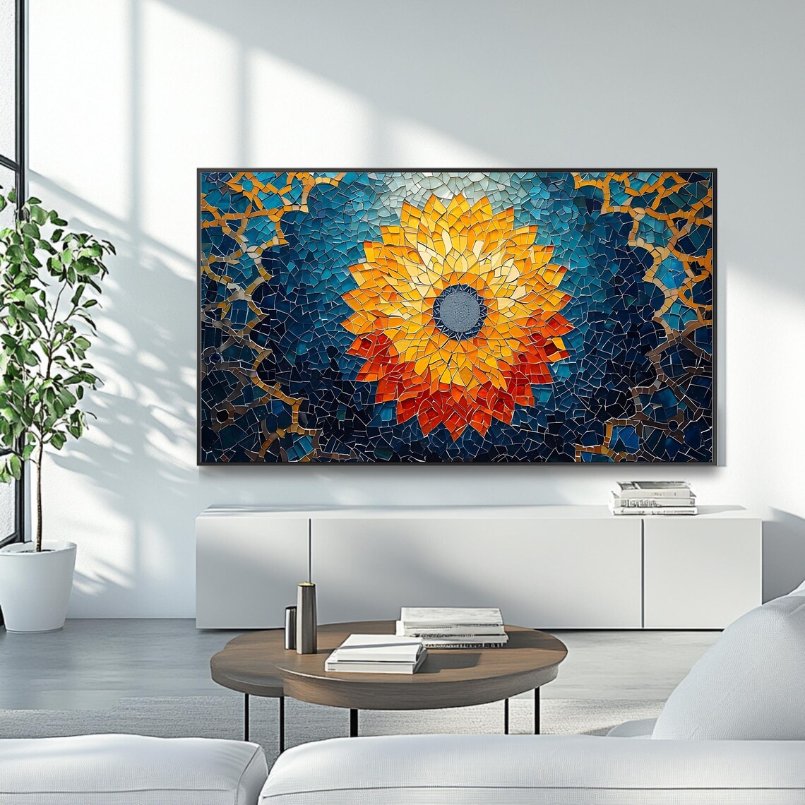 Golden Sunflower Mosaic Mandala Frame TV Art Blue Gold Abstract Poster - Image 4