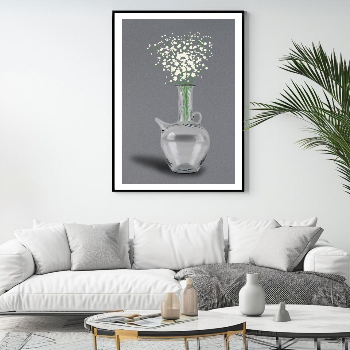 Lebanese Ibrik Glass Jug Baby Breath Flowers Minimalist Wall Art Print - Image 4