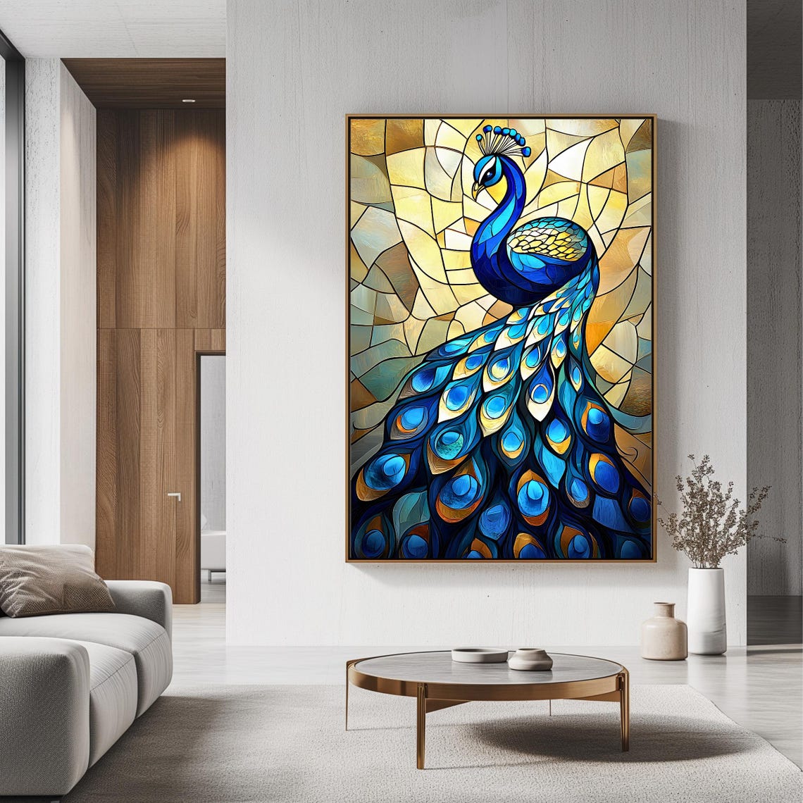 Stained Glass Peacock Cobalt Blue Gold Tail Mosaic Window Art Poster - Image 3