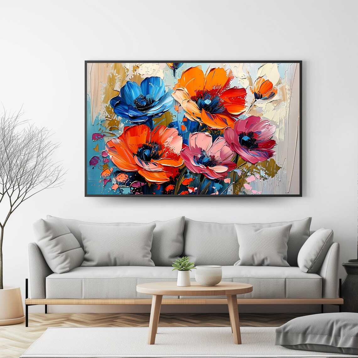 Bold Blue Orange Poppies Impasto Floral Oil Painting Wall Art Poster - Image 4