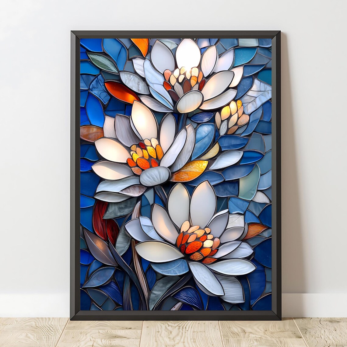 White Blue Flowers Stained Glass Art Elegant Floral Wall Decor Poster - Image 2