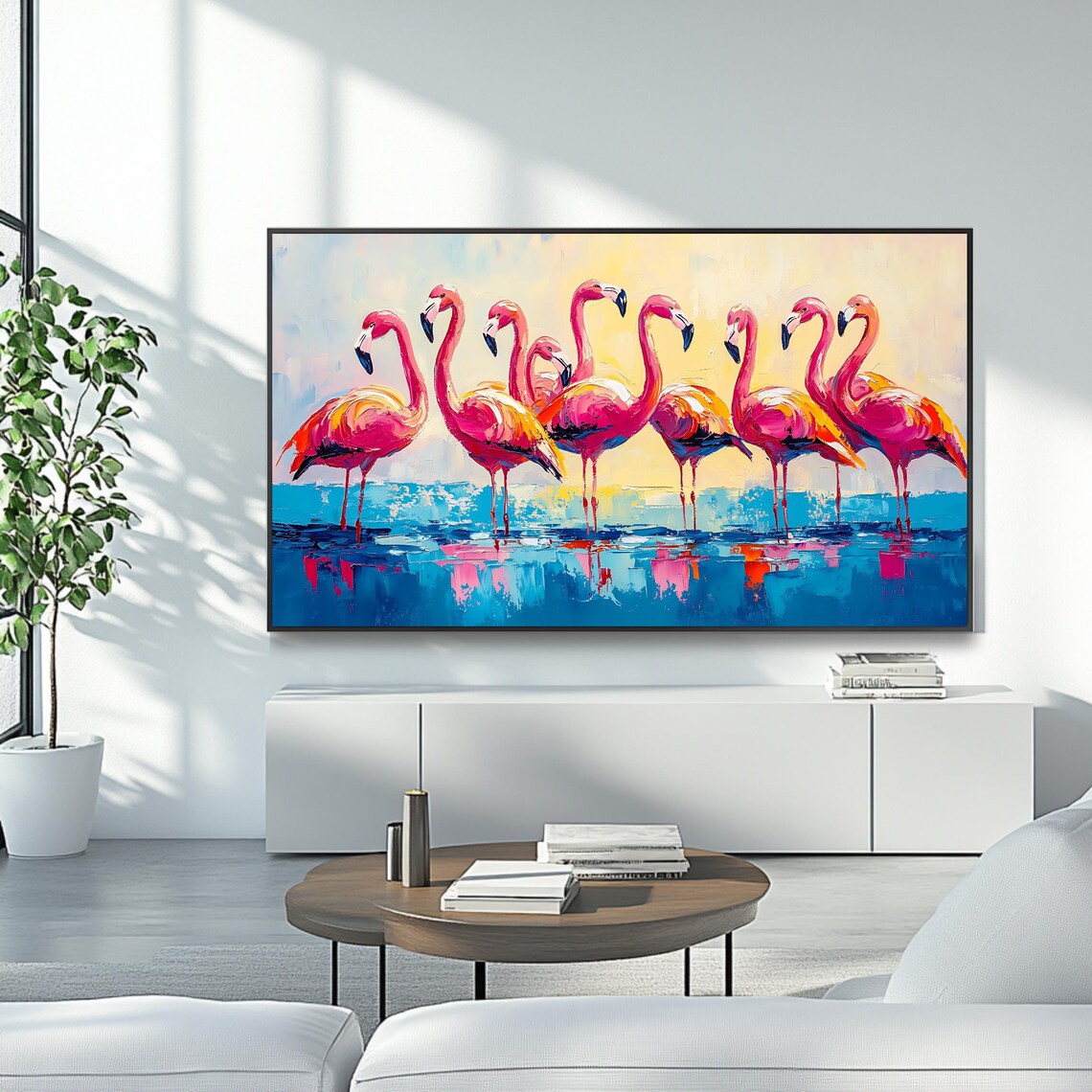 Pink Flamingos Wading Turquoise Water Golden Sky Tropical Poster - Image 4