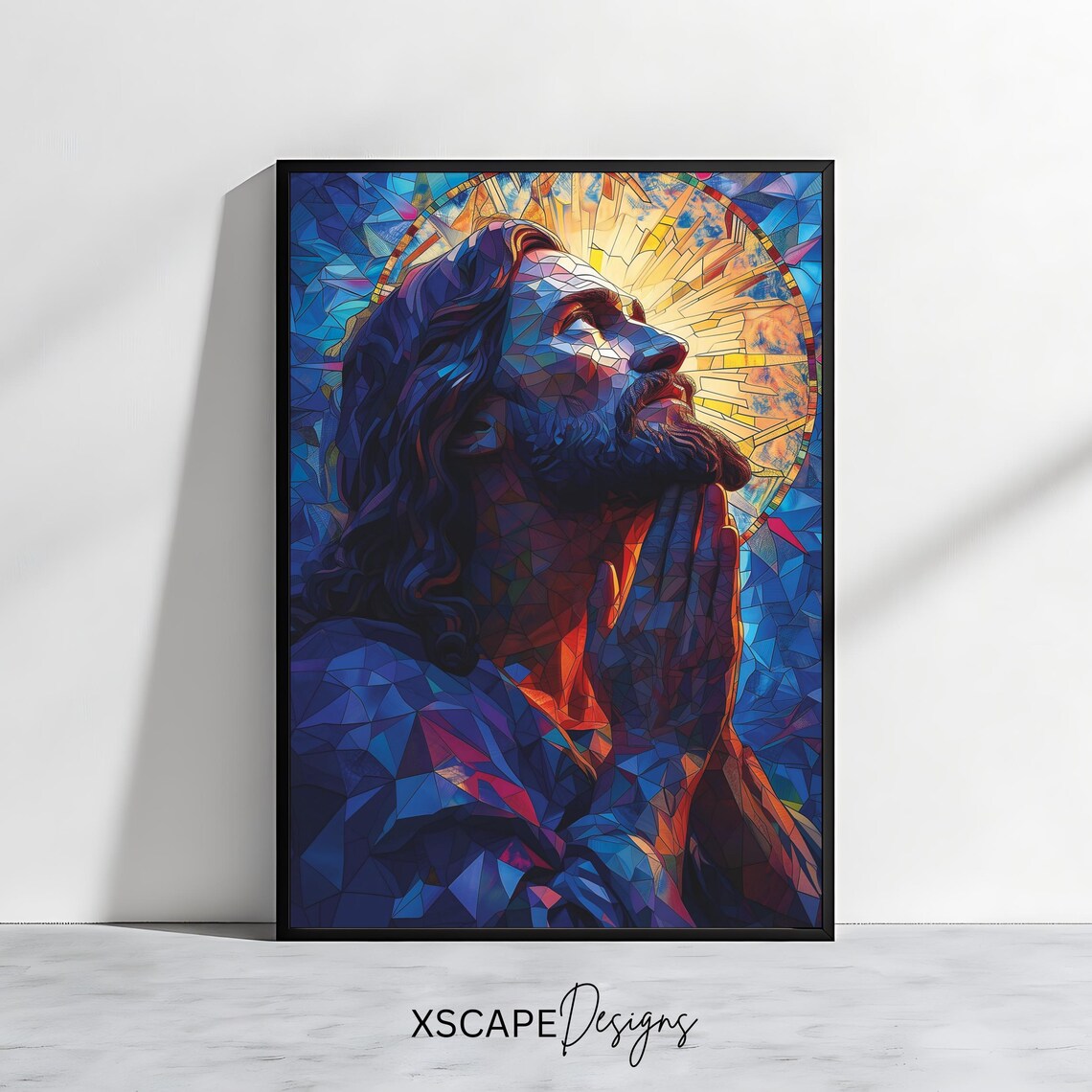 Jesus Praying Stained Glass Mosaic Blue Halo Faith Art Poster