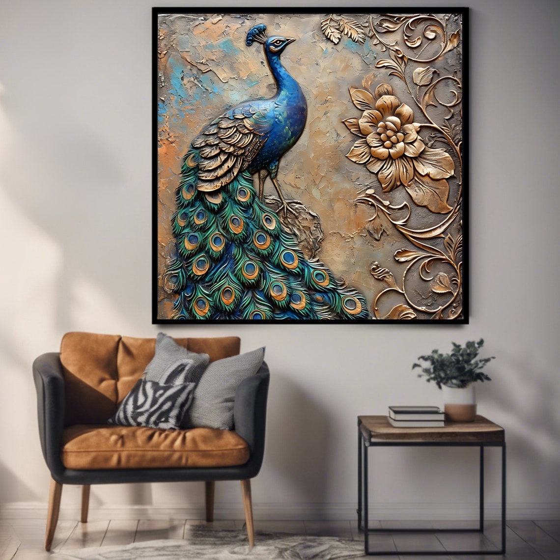 Regal Peacock 3D Relief Embossed Gold Ornate Floral Square Art Print - Image 3