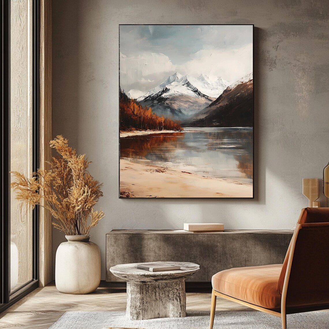 Snow Capped Mountain Lake Autumn Trees Beige Calm Scenic Travel Poster - Image 3