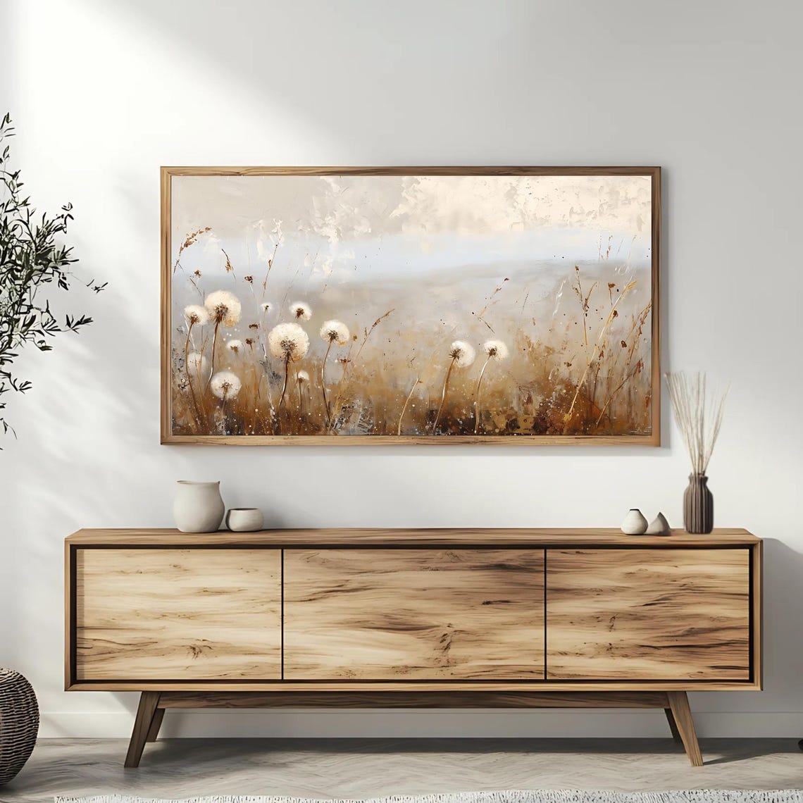 Delicate White Dandelions In Neutral Beige Field Minimalist Art Poster - Image 3