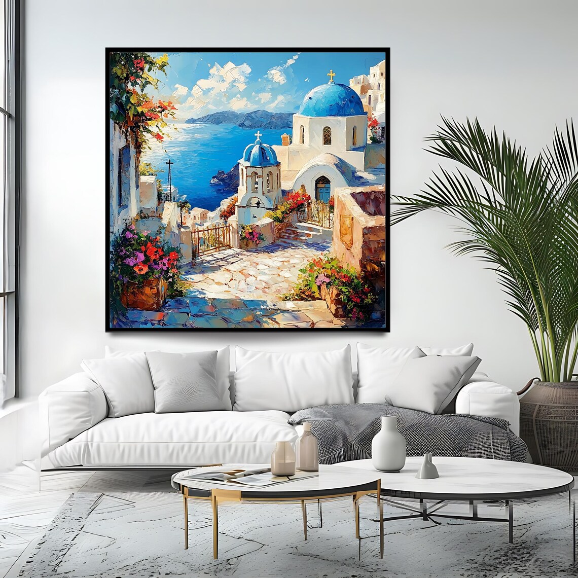 Santorini Blue Domes Church Bell Tower Flower Courtyard Aegean View Poster - Image 4