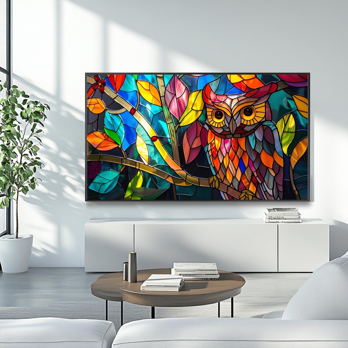 Stained Glass Owl Vibrant Colorful Mosaic Bird Painting Print - Image 4