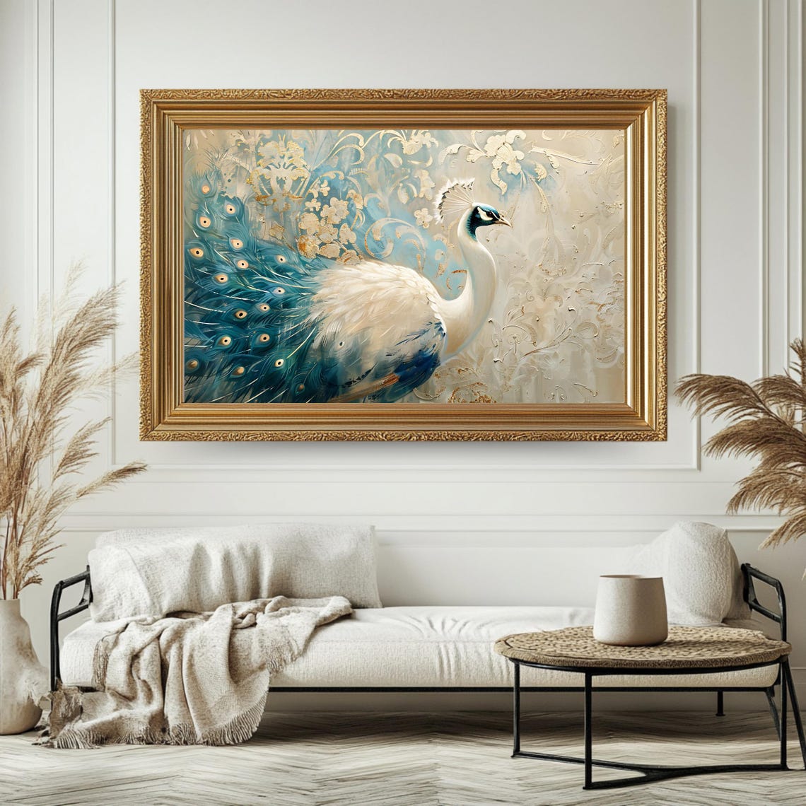 Elegant White Peacock Teal Tail Feathers Gold Damask Animal Wall Art - Image 4