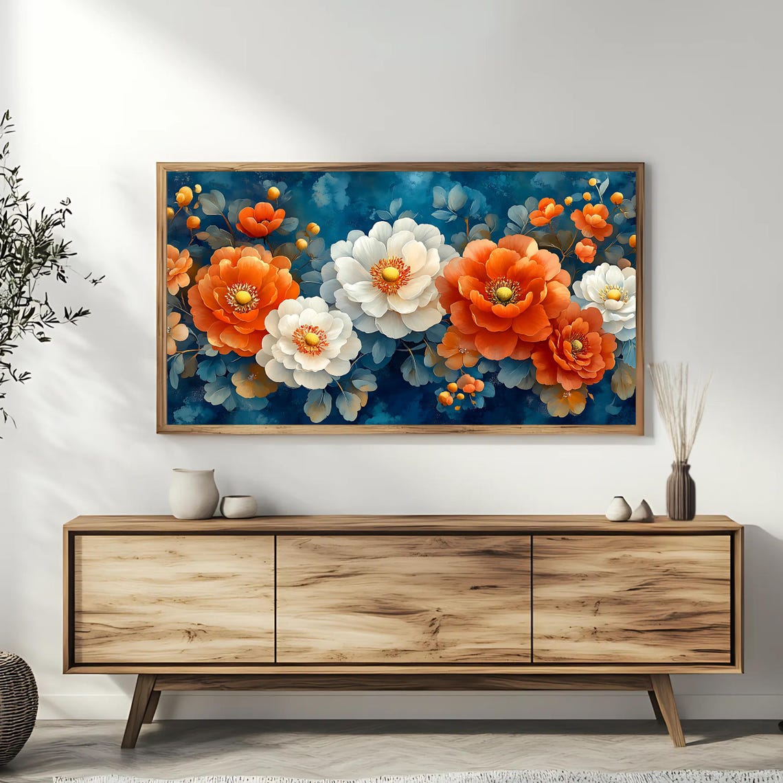Orange And White Flowers On Deep Blue Elegant Botanical Art Poster - Image 3