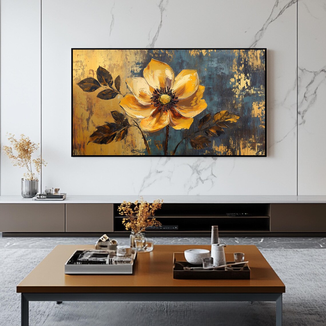 Golden Yellow Flower Abstract Impasto Botanical Modern Art Poster - Image 2