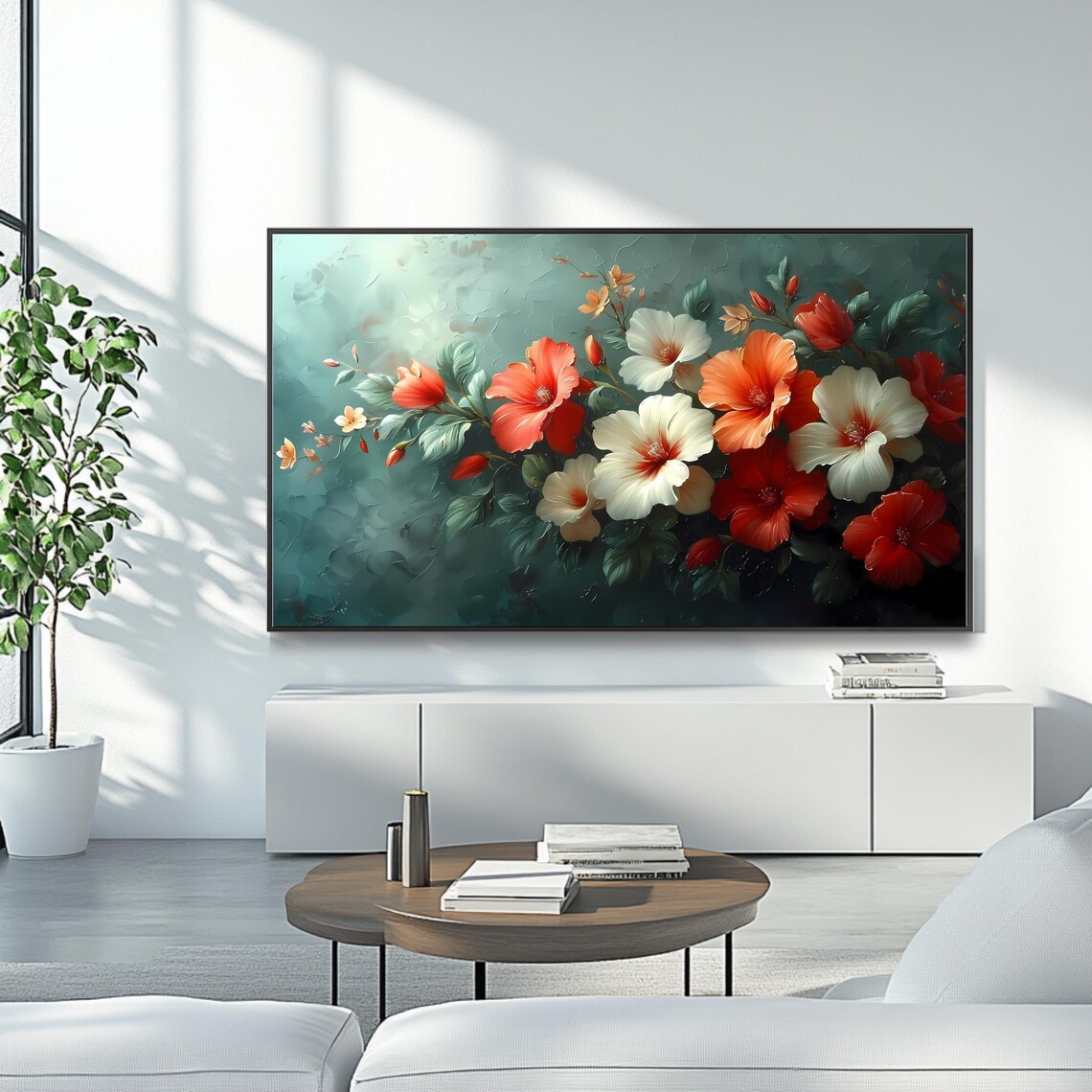 Elegant Hibiscus Bouquet Red White Orange Teal Floral Poster - Image 4