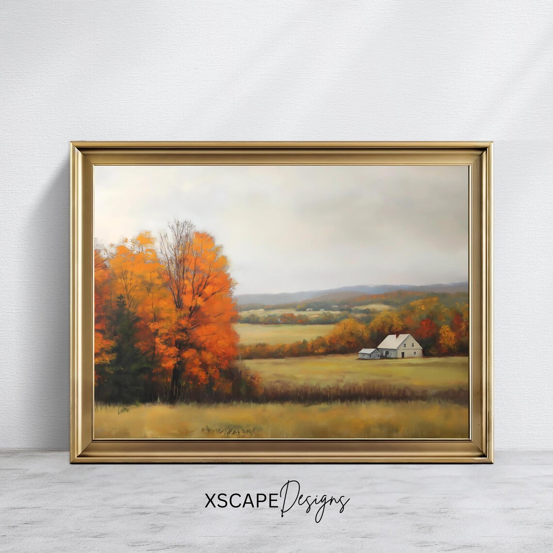 Antique Autumn Farmhouse Orange Maples Misty Countryside View Poster