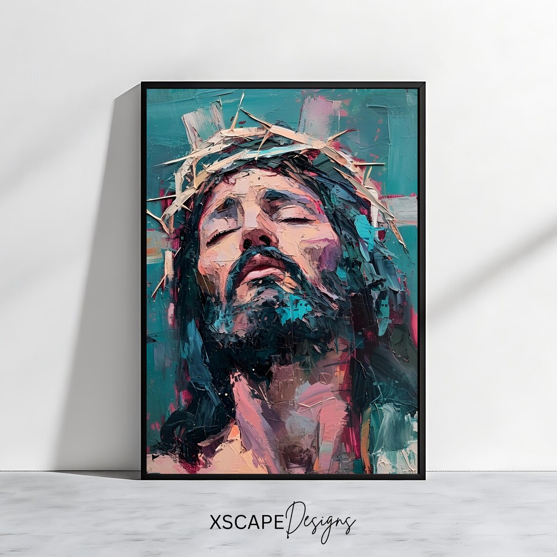 Jesus Christ Crown Of Thorns Upward Gaze Impasto Abstract Religious Art Poster
