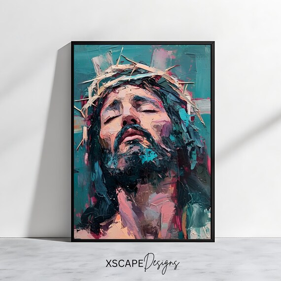 Jesus Christ Crown Of Thorns Upward Gaze Impasto Abstract Religious Art Poster