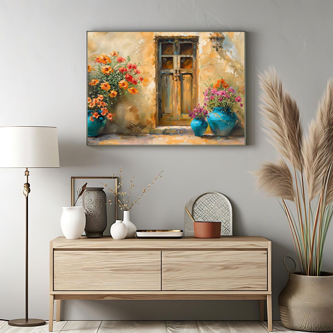 Mediterranean Doorway Blue Flower Pots Warm Stone Wall View Poster - Image 3