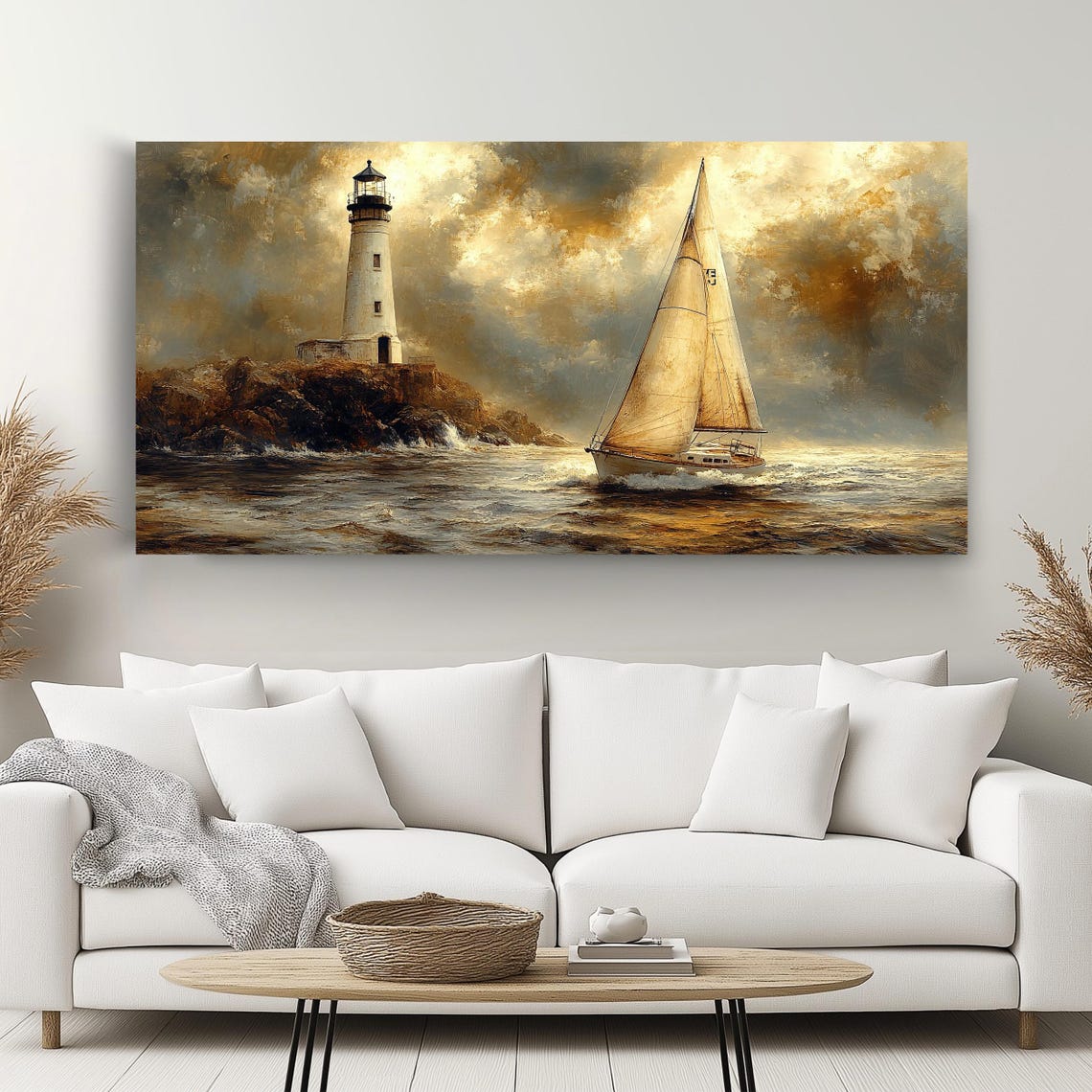 Lighthouse Sailboat Wall Art Long Horizontal Narrow Print Nautical Seascape For Above Couch Or Bed - Image 2