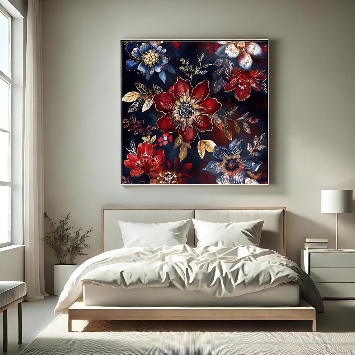 Dark Moody Red Blue Floral Pattern Gold Leaves Botanical Art Print - Image 2