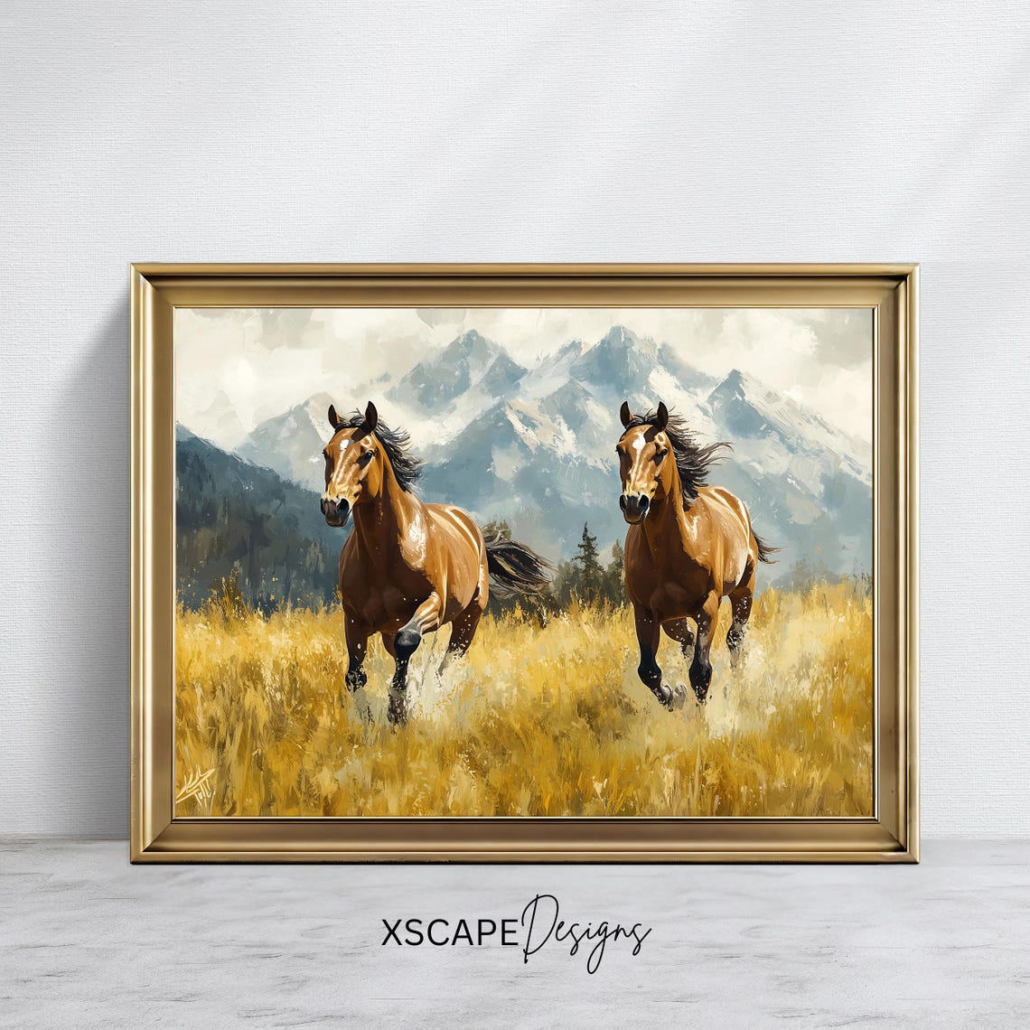 Two Horses Running Golden Field Mountain Landscape Wild Horse Poster