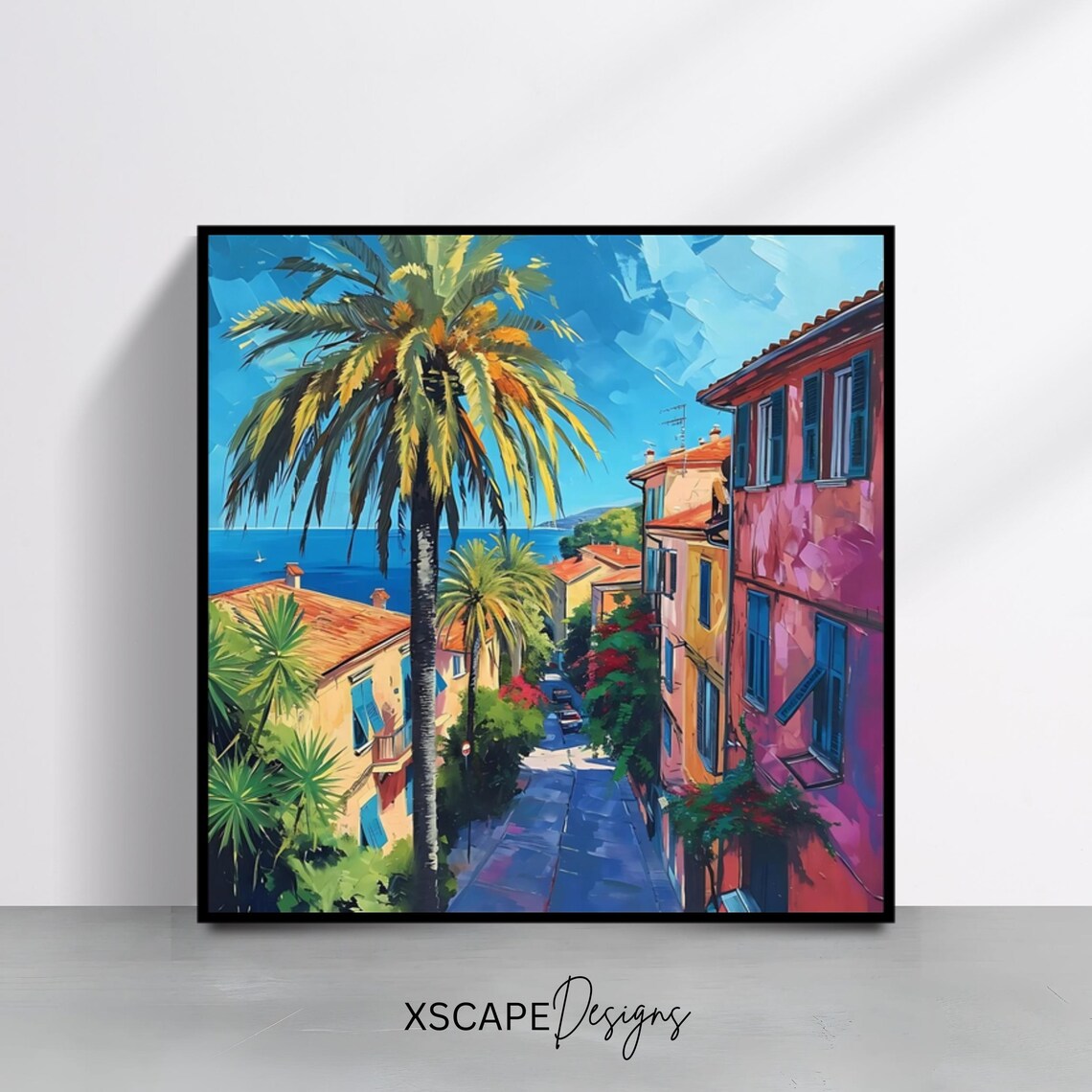 Mediterranean Street Palm Trees Colorful Buildings Blue Sea View Print