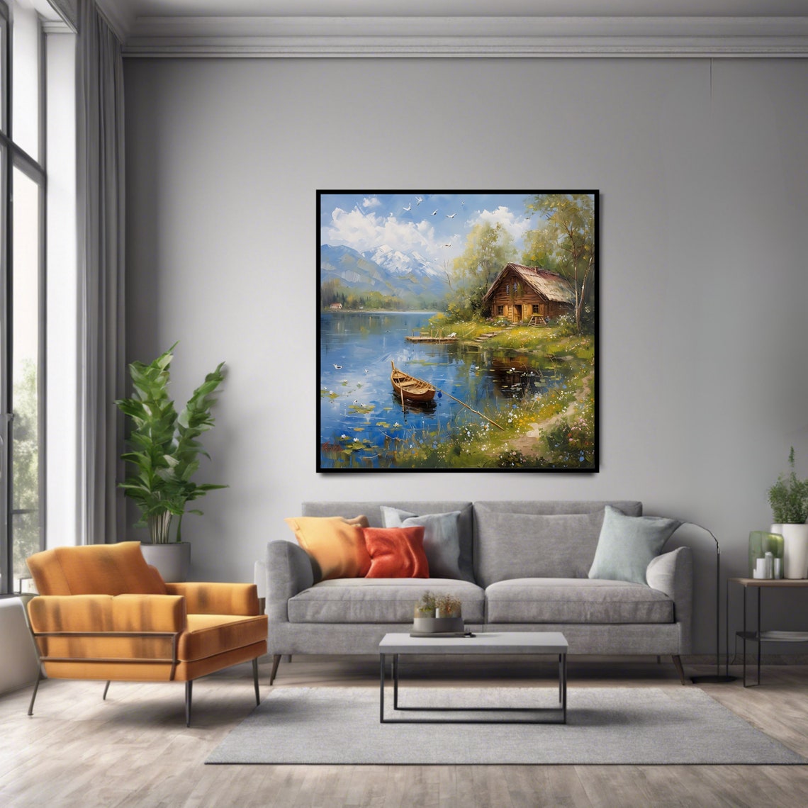 Lakeside Cabin Rowboat Snowy Mountain Lake Rustic Scenic Print - Image 2